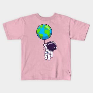 Cute Astronaut Floating With Earth Balloon Cartoon Kids T-Shirt